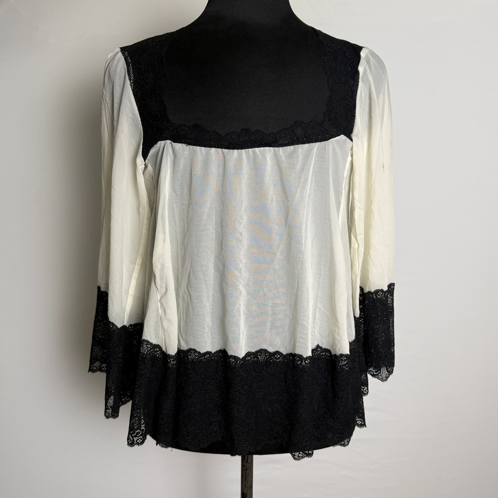 Sheer Cream Open Back Lace Trim Blouse Black Floral Contrast Top